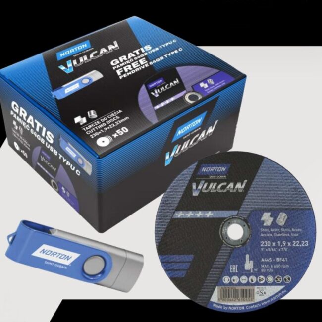 Tarcza do cięcia metal/inox Vulcan 230x1.9x22.23 (zestaw 50szt. + pamieć USB C 64GB) NORTON (N9366) - zdjecie numer 1